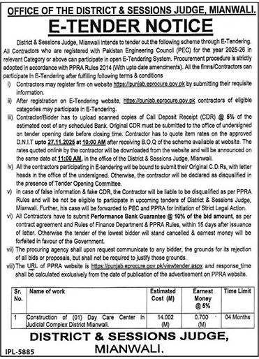 District & Session Court Mianwali Tender Notice